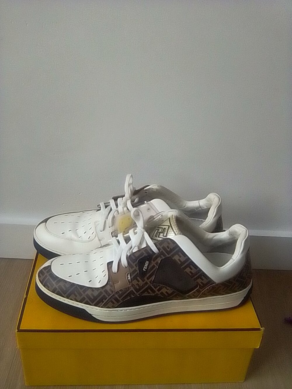 Tan and White Men's Fendi Logo Sneakers Size 12